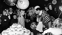10-year-old Swedish actress Inger Nilsson during her visit to Helsinki, Finland in February 1970; she is here seen with the Finnish clown Onni Gideon in Helsinki Ice Hall