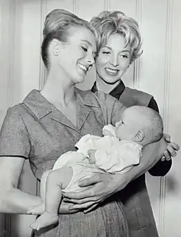 Inger Stevens (holding baby) and Beverly Garland, 1963.