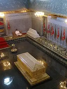 Mohammed V of Morocco's tomb inside his mausoleum at Rabat, with Hassan II's tomb in the background