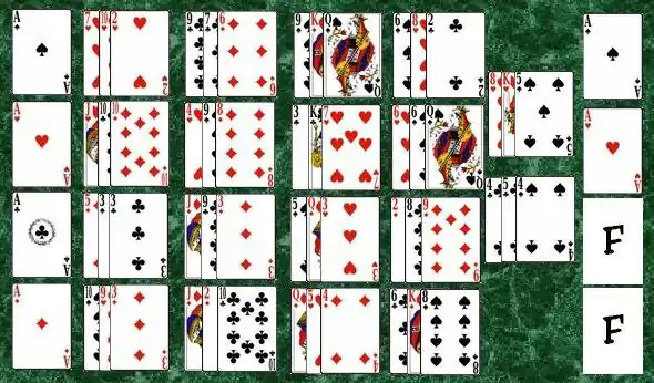 The initial layout in the game of Intelligence. Notice that during dealing, aces are separated are placed in the foundations, marked "F" in this diagram.