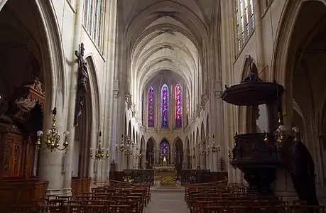 Nave of the church, facing east, with pulpit (17th c.) on the right