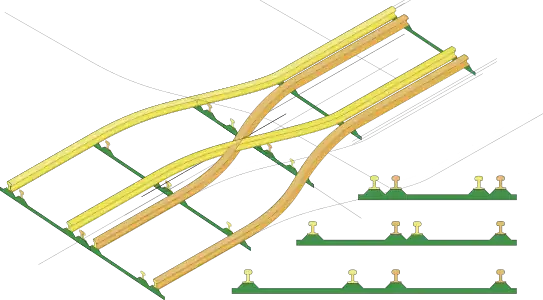 Where two tracks converge into gauntlet track, they overlap rather than connect.
