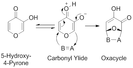 Scheme 4. Intramolecular hydrogen transfer-mediated synthesis of carbonyl ylides from 5-hydroxy-4-pyrones. Modified from Garst, M. E.; McBride, B. J.; Douglass III, J. G. Tetrahedron Lett. 1983, 24, 1675.