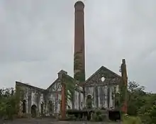  Ruined buildings in front of a chimney which is slowly being consumed by vines