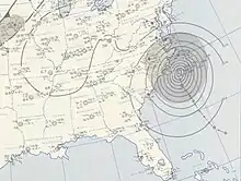 A weather map of the whole eastern section of the United States. Ione is in the extreme left half near North Carolina. Ione is represented by multiple Isobars.