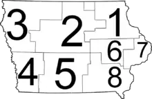 A map of Iowa with the eight judicial districts superimposed upon the state.