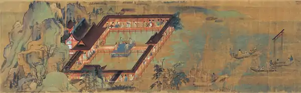 Sinistically composed landscape of the Itsukushima Shrine in Miyajima and the famous floating torii, Ippen Shōnin Eden, 1299