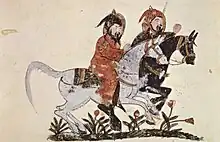 A scene from the book of Ahmad ibn al-Husayn ibn al-Ahnaf, showing two galloping horsemen, 1210 AD.