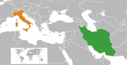 Map indicating locations of Iran and Italy