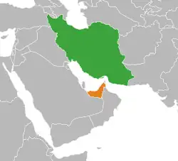 Map indicating locations of Iran and United Arab Emirates