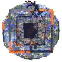 An aerial render of the spawn region in July 2019, displaying the extreme amount of destruction and modification carried out to the terrain, including the construction of massive obsidian structures, such as the prominent Square and Compasses.