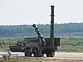 Russian Armed Forces Iskander-K TEL 9P78-1 raising two containers for 9M728 missiles, military-technical forum Army-2022, Alabino range, Moscow region, Russia