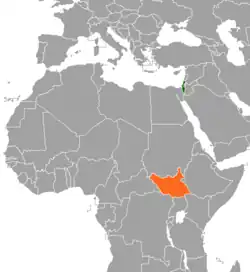 Map indicating locations of Israel and South Sudan