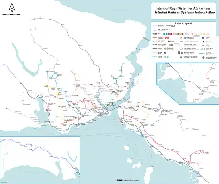 Image 19A well-composed transit map of Istanbul, with a high degree of contrast between the symbols, creating a strong visual hierarchy (transit lines are and look most important), figure-ground, and selectivity (the green national rail line can be isolated when necessary). Also note the harmonizing subdued tones of green and blue in the background. (from Cartographic design)