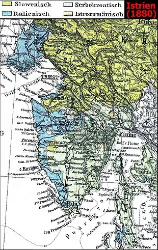 The Trieste-Pula railway was deep in .mw-parser-output .legend{page-break-inside:avoid;break-inside:avoid-column}.mw-parser-output .legend-color{display:inline-block;min-width:1.25em;height:1.25em;line-height:1.25;margin:1px 0;text-align:center;border:1px solid black;background-color:transparent;color:black}.mw-parser-output .legend-text{}  ethnically Croat territory