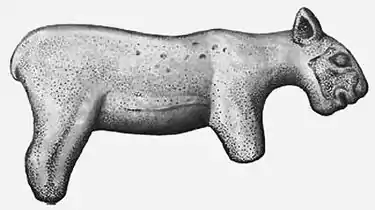 Statuette from Isturitz found in 1896 but later lost. This is the drawing of the drawing of the photo of statuette. It represents probably cave lion cub or less probably Homotherium latidens. Statuette was made in Late Pleistocene.