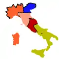 The Kingdom of Sardinia in 1860, after the annexation of Lombardy and before the annexation of the United Provinces of Central Italy