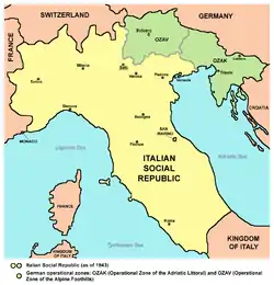 Image 26Italian Social Republic (RSI) as of 1943 in yellow and green. The green areas were German military operational zones under direct German administration. (from Diplomatic history of World War II)