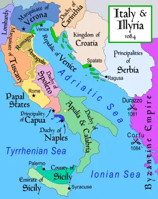 The Duchy (in green) in the political context of Italy and the Balkans in 1084.