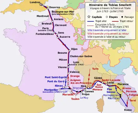 carte schématique indiquant les étapes du voyage, aller-retour, depuis Londres jusqu'à Rome
