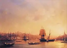 Ivan Constantinovich Aivazovsky's "Dusk on the Golden Horn", depicting the estuary's trademark golden lights. The entrance to the Horn is in the foreground, with the Historic Peninsula (left), and Galata (right).