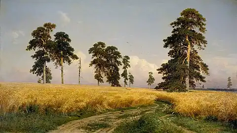 Ivan Shishkin's signature Rye (1878) depicts scattered pines in a rye field in Tatarstan