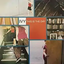 A collage of the three band members walking on a sidewalk, climbing up a staircase, and closing a door; shots of a library and a wooden floor also appear, with the song's title in orange and white in the center of the collage.