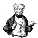 drawing of the head and torso of a bald white man of mature years, holding an open book, with a wry facial expression