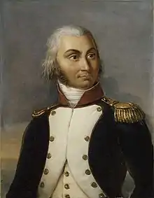 Oval painting of a man with white hair and dark mutton chops. He wears an elaborate uniform with lots of gold lace.