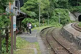 A view of the station platform. Note the difference in level between the siding and the main track.