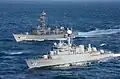 "Abukuma" and the Peruvian Navy corvette "Guise" during a goodwill exercise in the East China Sea