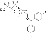 Deuterium labeled radio-ligand of benztropine analog JHW-007; a di-para-fluoro benztropine, and hybrid between benzatropine & difluoropine (with fluorine groups in the former to breach the difference or the latter being descarbmethoxy to approach identification with the former)