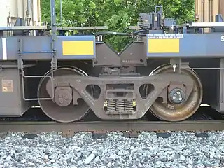 Shared common American bogie with 4 side bearings between two well cars