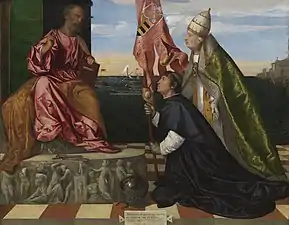 Jacopo Pesaro, bishop of Paphos, being presented by Pope Alexander VI to Saint Peter by Titian. 1503 - 1510