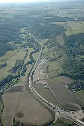 An aerial view of the Leutra valley in 2008, after the expansion of the nature reserve, but before the Autobahn was removed.