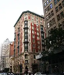 The James New York NoMad hotel as seen from Madison Avenue, facing south. The three-story annex at 88 Madison Avenue can be seen at left.