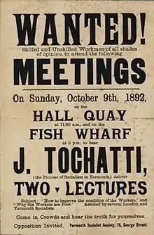 Poster for two talks by Tochatti in Yarmouth in 1894