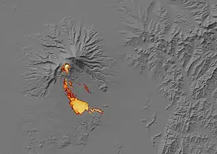 The heat signature of a pyroclastic flow on Shiveluch in January 2011