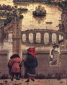 Detail of Jan van Eyck's Rolin Madonna, c. 1435. Two citizens wear their pattes behind in style C. The cornette of the one on the left can be seen in front of him.