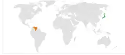 Map indicating locations of Japan and Venezuela