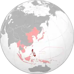 The Philippines (dark red) within the Empire of Japan (light red) at its furthest extent