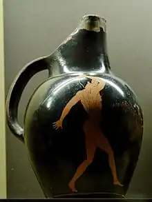 Oinochoe Shape 7, H. 21 cm (8 ¼ in.), diam. 12.8 cm (5 in.), Javelin thrower. Attic red-figured, c. 450 BC