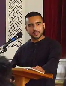 Zamora, reading at Sacred Heart School, Washington, D.C. 2018