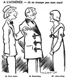 Line drawing of three white people in 1914 clothes: a young man in suit and hat, a slightly older one in a smoking jacket and a young woman in a long frock