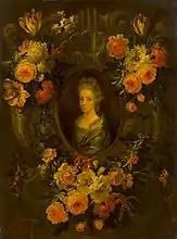 Portrait of a lady encircled by a wreath of flowers
