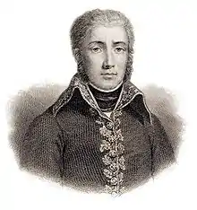 portrait of man with short hair, high collared military coat.
