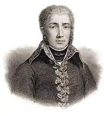 Sepia print of a solemn, clean-shaven man with long sideburns. He wears a simple, dark military uniform of the French Revolutionary era, with no epaulettes and a single row of buttons, with a narrow band of gold embroidery down the front.