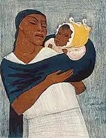 Woman Standing with Child on Back, color lithograph by Charlot