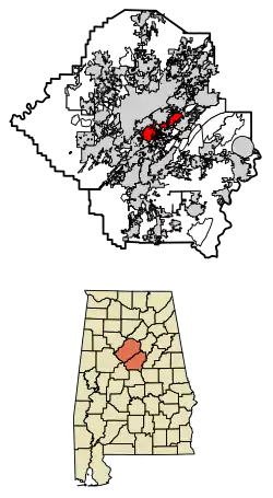 Location of Vestavia Hills in Jefferson County and Shelby County, Alabama.