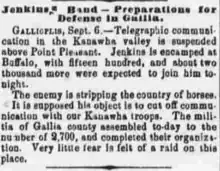old newspaper article saying Jenkins was at Buffalo and planned to cut communications for Union troops upriver
